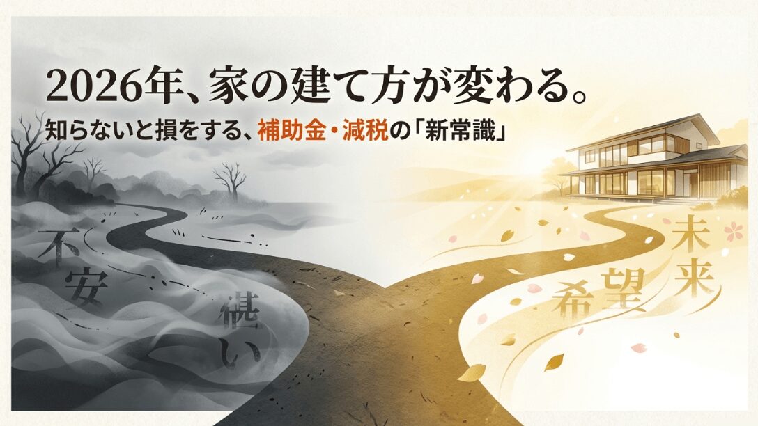 2026年の家づくりにおける補助金・減税の新常識を解説するスライドの表紙