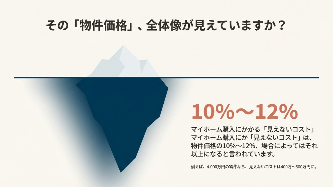 マイホーム購入における物件価格の10パーセントから12パーセントを占める「見えないコスト」の警告スライド