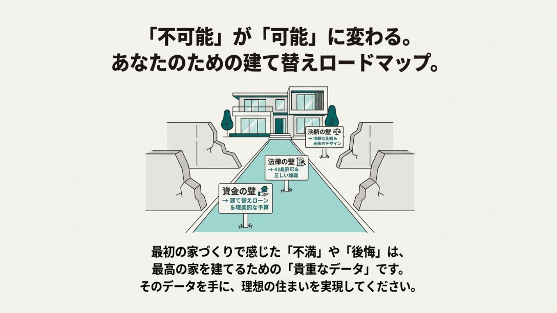 資金の壁、法律の壁、決断の壁をそれぞれ解決策（ローン、知識、デザイン）で乗り越えていく道のりを示したイラスト