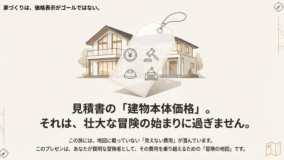 家づくりの建物本体価格以外に潜む見えない費用を冒険に例えたプレゼンスライドの表紙。