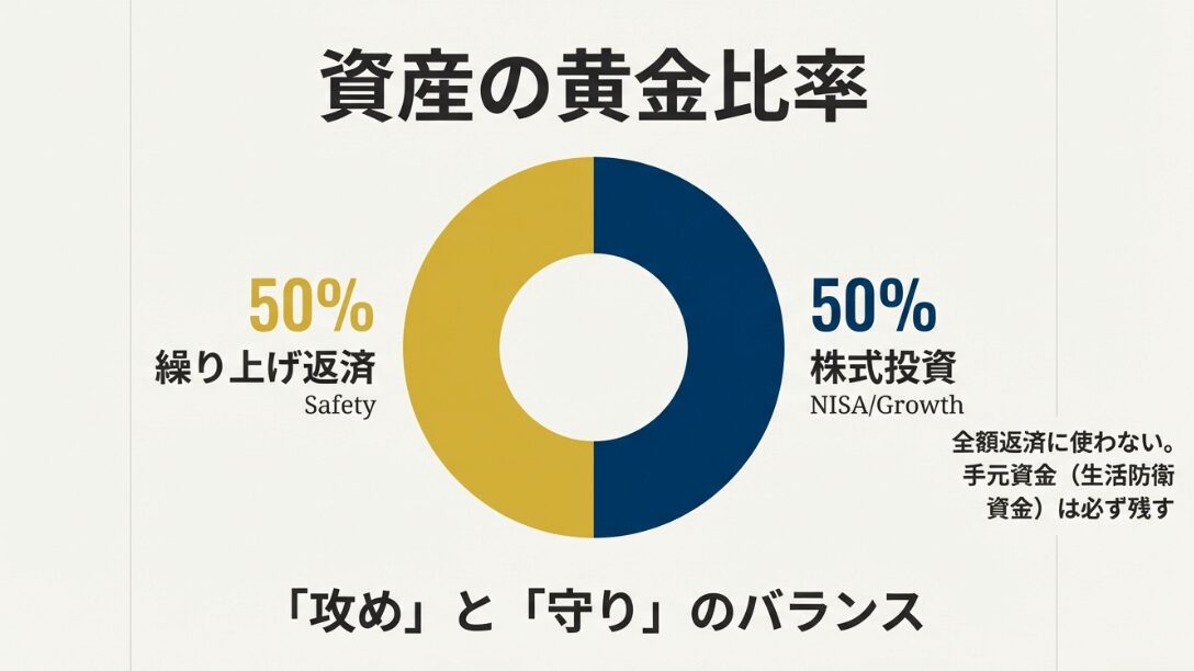 繰り上げ返済(守り)50%と株式投資(攻め)50%のバランスを推奨する円グラフ。