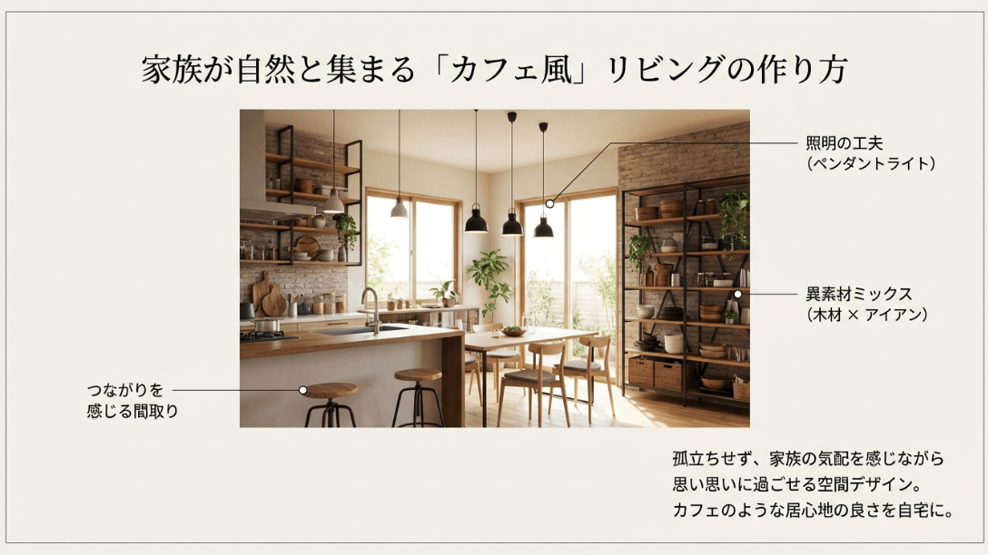 ペンダントライトの照明工夫や、木材とアイアンを組み合わせた異素材ミックスによるカフェ風リビングのデザイン例。