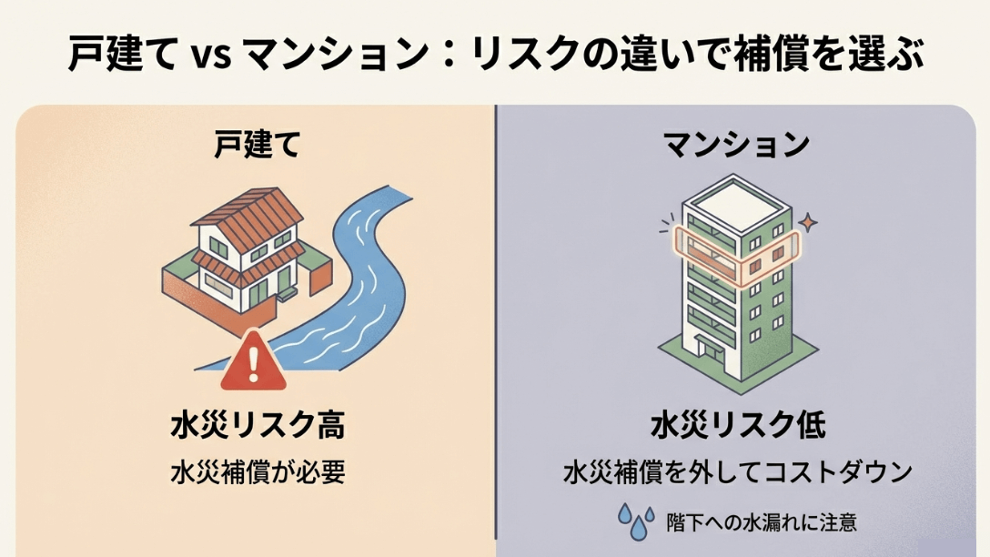 戸建ては水災リスクが高く補償が必要な一方、マンションは水災リスクは低いが階下への水漏れ対策が必要であることを示す比較図。