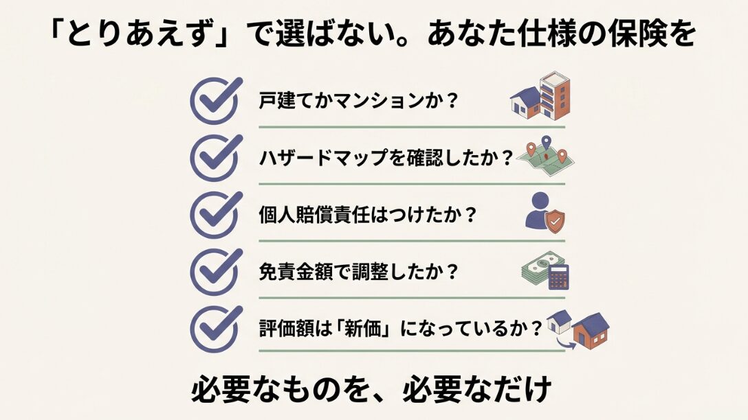 戸建て・マンションの区別、ハザードマップ確認、個人賠償、免責金額、新価契約など、自分に最適なプランを選ぶための5つの確認ポイント。