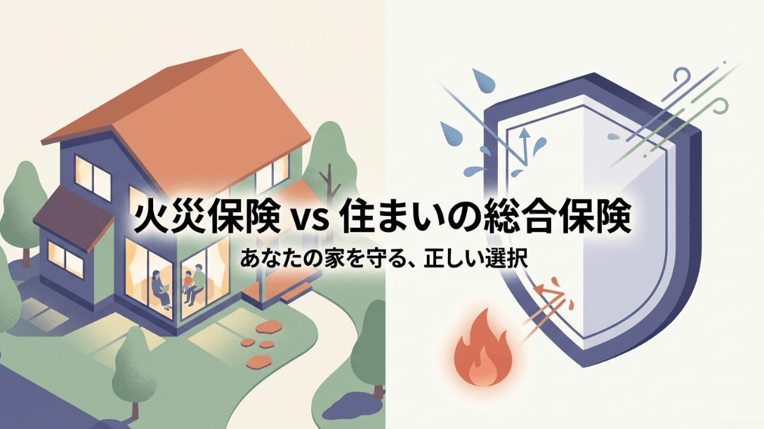 火災保険と住まいの総合保険の選択をテーマにしたタイトルスライド。マイホームを守るための正しい選択を促すメッセージ。