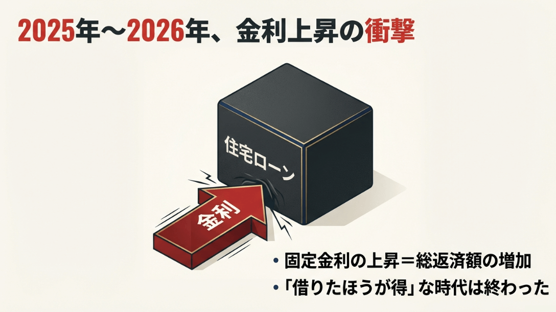 「金利」という赤い矢印が「住宅ローン」の箱に突き刺さるイラスト。固定金利の上昇により総返済額が増加し、「借りたほうが得」な時代が終わったことを示す図解。
