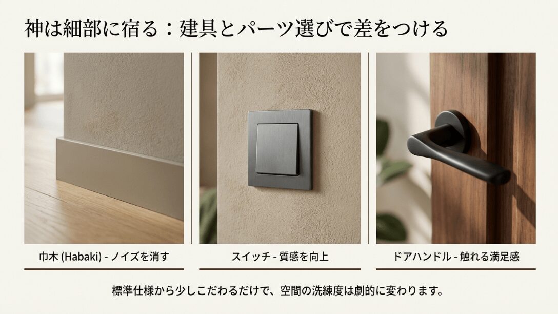 ノイズを消すスリムな巾木、質感の高いスイッチプレート、触れる満足感を高めるドアハンドルなど、細部パーツの重要性の解説。