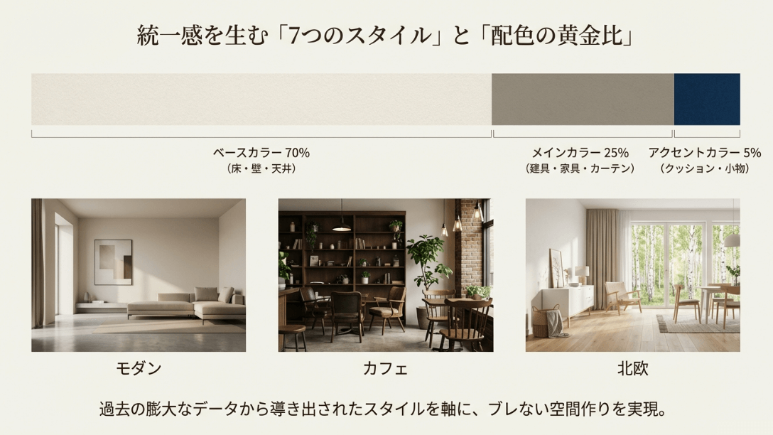 ベースカラー70%、メインカラー25%、アクセントカラー5%という配色の黄金比と、モダン・カフェ・北欧などのスタイル解説。