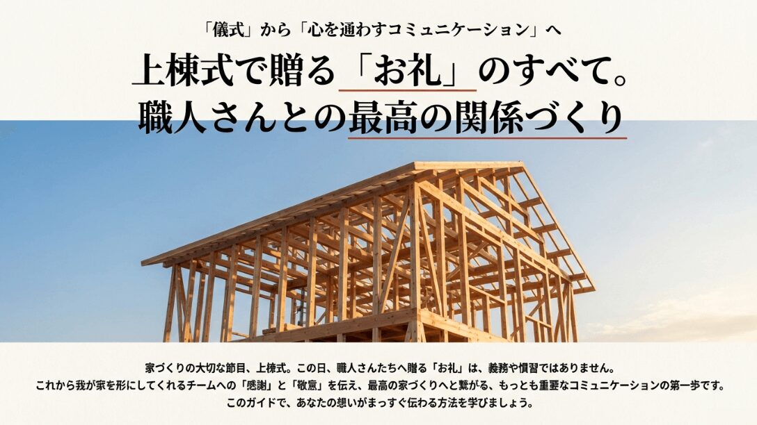 上棟式で職人さんへ贈るお礼の全ガイド。最高の関係づくりを伝えるタイトル画像。