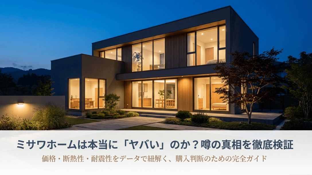 ミサワホームは本当にヤバいのか、価格・断熱・耐震性をデータで検証する購入判断ガイドの表紙。夜の洗練されたミサワホームの住宅外観。
