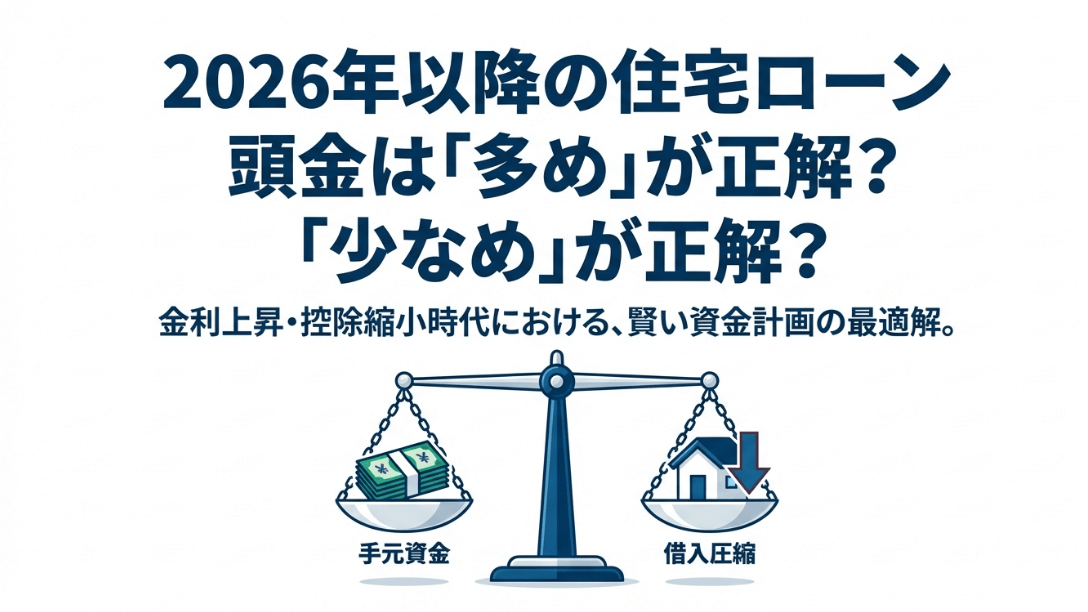 天秤の左皿に「手元資金（札束）」、右皿に「借入圧縮（家と下向き矢印）」が乗っており、2026年以降の住宅ローンで頭金を多くするか少なくするかを検討するイメージ図。