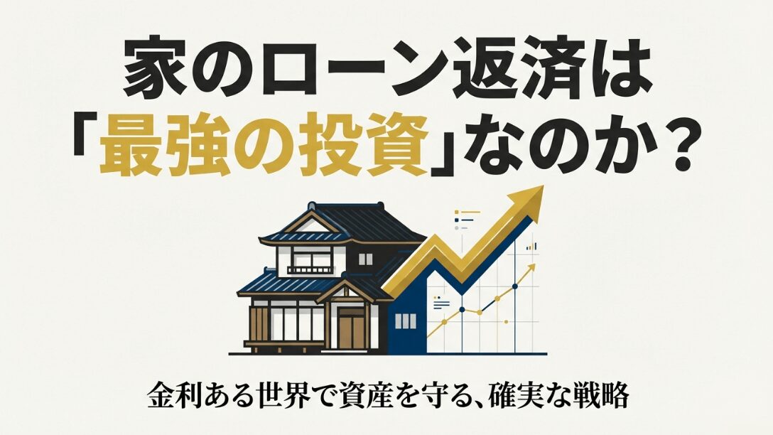 和風の住宅と右肩上がりのグラフが描かれた、住宅ローン返済が投資として機能することを表現したイラスト。