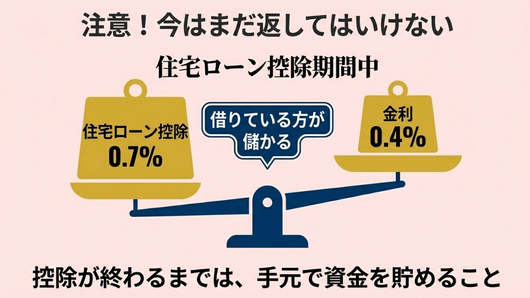 住宅ローン控除0.7%が借入金利0.4%を上回る場合、借りている方が儲かることを天秤で表現したイラスト。