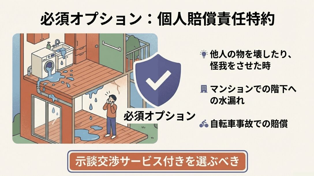 他人の物を壊した時、マンションでの階下への水漏れ、自転車事故など、日常生活の賠償責任をカバーする特約の説明。