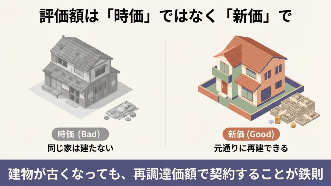 古くなった時の価格(時価)では家を建て直せないが、同等の家を建て直す価格(新価)なら元通りに再建できることを示す比較図。
