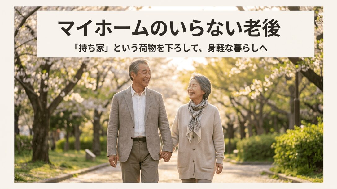 桜並木を歩く高齢夫婦の背景に「マイホームのいらない老後：持ち家という荷物を下ろして身軽な暮らしへ」のタイトル