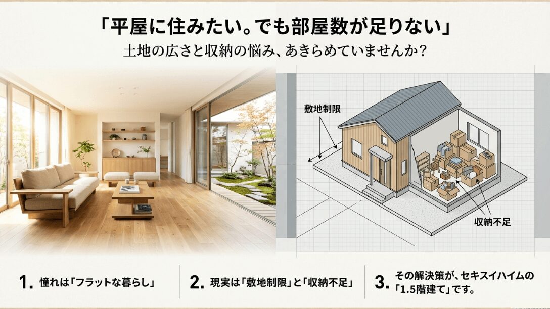 平屋への憧れと、敷地制限・収納不足という現実の課題、その解決策としてのセキスイハイム1.5階建てのイメージ図