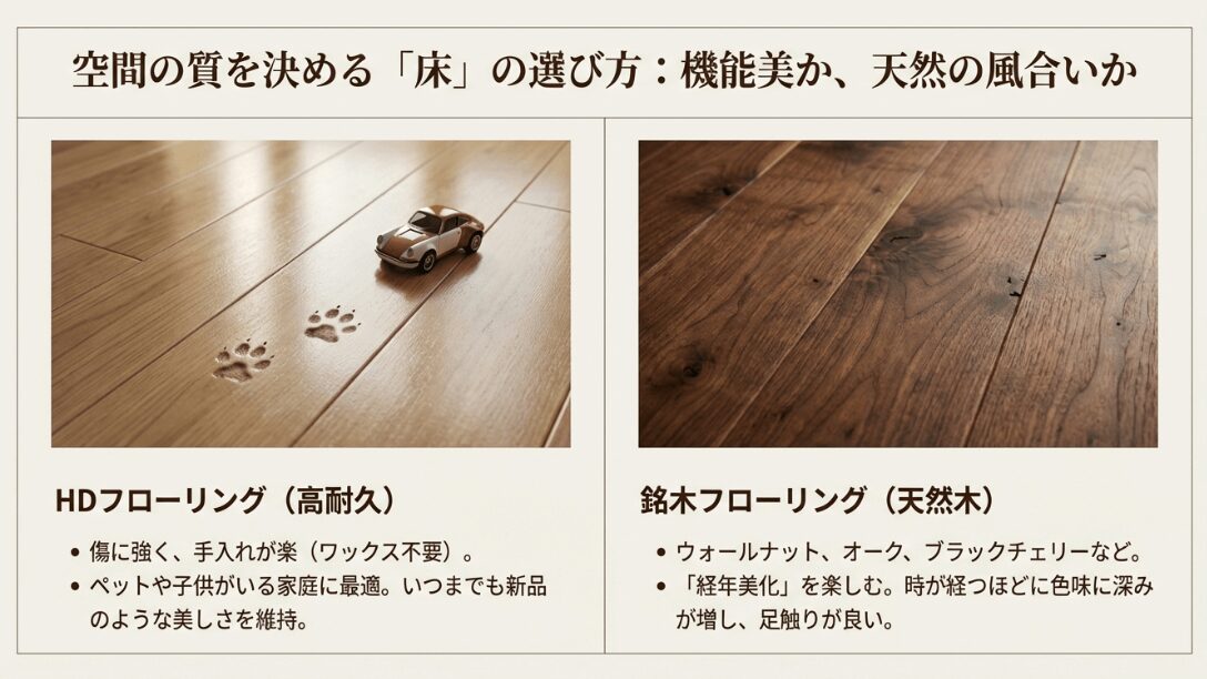 傷に強く手入れが楽なHDフローリングと、経年変化(経年美化)を楽しめる天然木の銘木フローリングの特徴比較スライド。