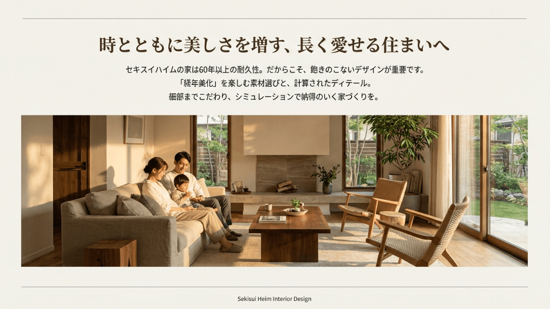 60年以上の耐久性を誇るセキスイハイムの家で、飽きのこないデザインと計算されたディテールにより理想の家を実現するイメージ。
