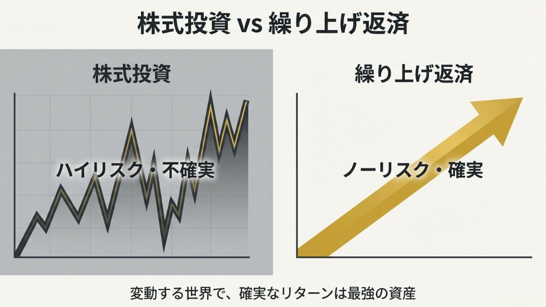 変動する株式投資のハイリスク・不確実性と、繰り上げ返済のノーリスク・確実性を比較したグラフ。