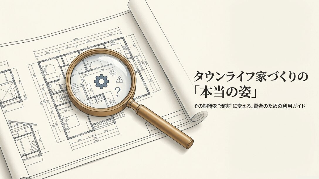 住宅の設計図の上に虫眼鏡を置いたイラスト。タウンライフ家づくりの本当の姿を解説する賢者のための利用ガイドというテキスト。