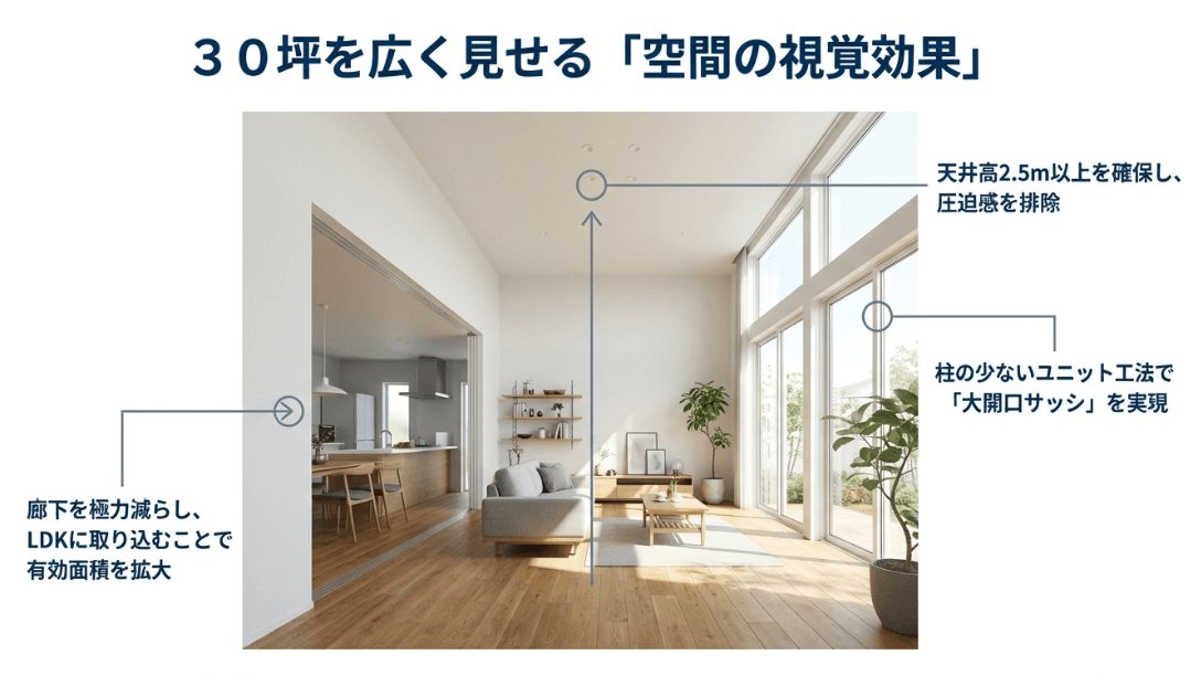 天井高2.5m以上の確保、廊下の削減、大開口サッシによる視覚的な開放感の説明。