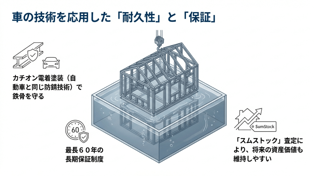 自動車と同じカチオン電着塗装による防錆技術と、最長60年の長期保証制度、資産価値を維持するスムストックの説明。