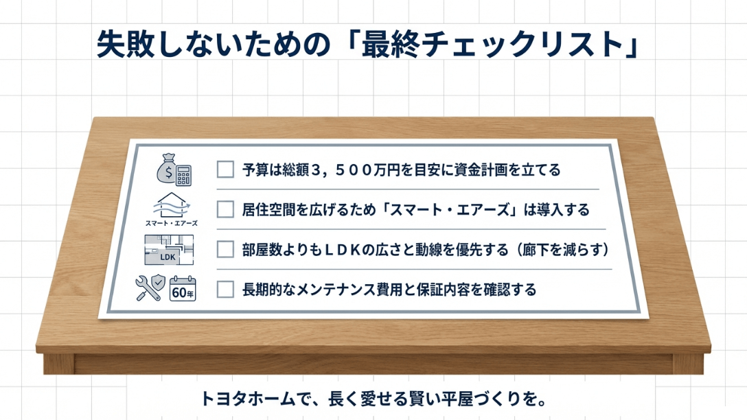 予算3,500万円目安、全館空調導入、LDK優先の間取り、長期メンテナンス費用の確認など、失敗しないための重要ポイント。