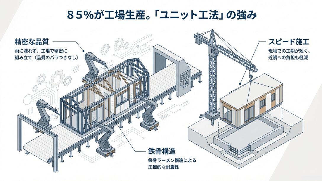 トヨタホームのユニット工法。工場で精密に組み立てられる鉄骨ラーメン構造と、現地での短い工期を説明するイラスト。