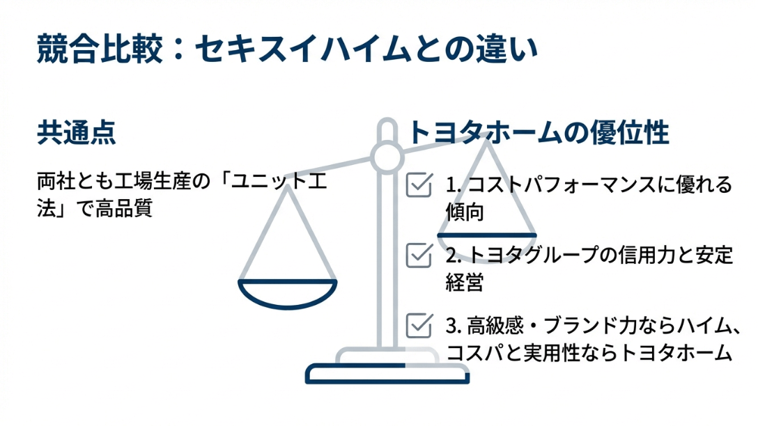 どちらもユニット工法だが、トヨタホームはコストパフォーマンスと実用性、トヨタグループの安定経営に優位性があることを示す図。