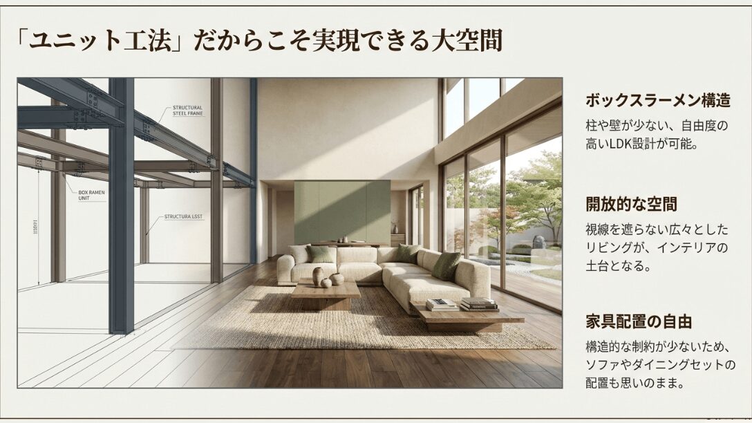 鉄骨の強さを活かしたボックスラーメン構造により、柱や壁を最小限に抑えた開放的なLDKのパース図。