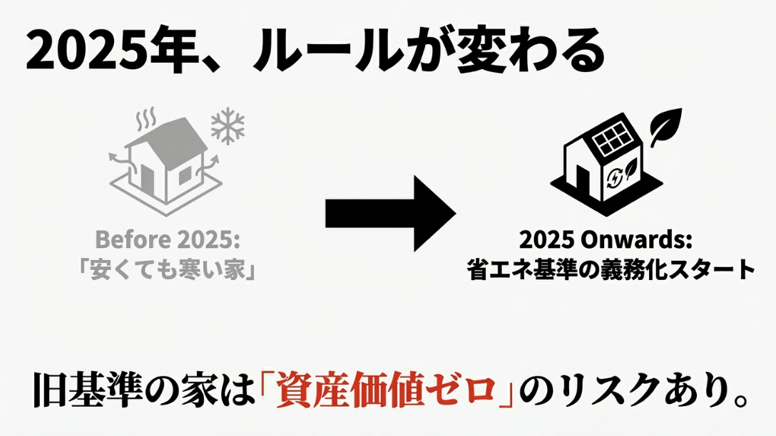 2025年からの省エネ基準義務化により、安くても寒い家は資産価値がゼロになるリスクがあることを示す比較図