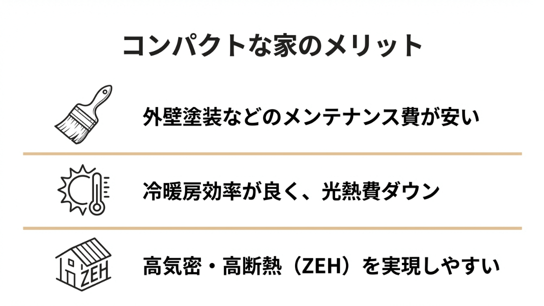 メンテナンス費の節約、冷暖房効率の向上、高気密・高断熱(ZEH)の実現しやすさを示すアイコンと図解。
