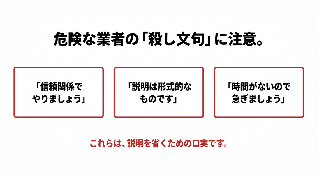 「信頼関係でやりましょう」など説明を省くための口実となる危険なフレーズの紹介
