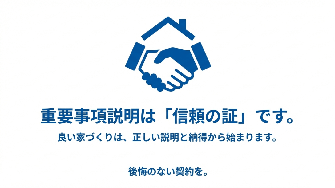 正しい説明と納得が、後悔のない良い家づくりの土台であることを示すスライド