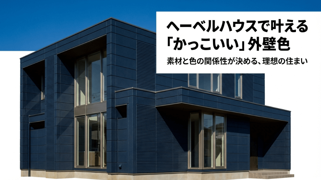濃紺のメテオブルーの外壁が特徴的なヘーベルハウスの外観写真。