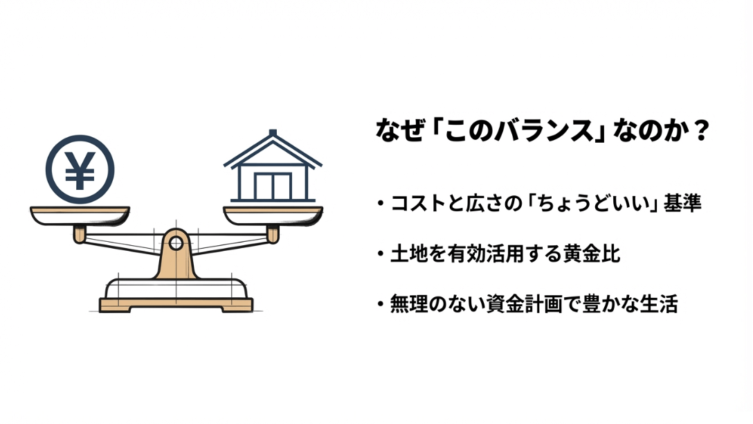 天秤に乗ったお金と家のイラスト。コストと広さ、土地活用、資金計画の3つのポイントを説明する図解。