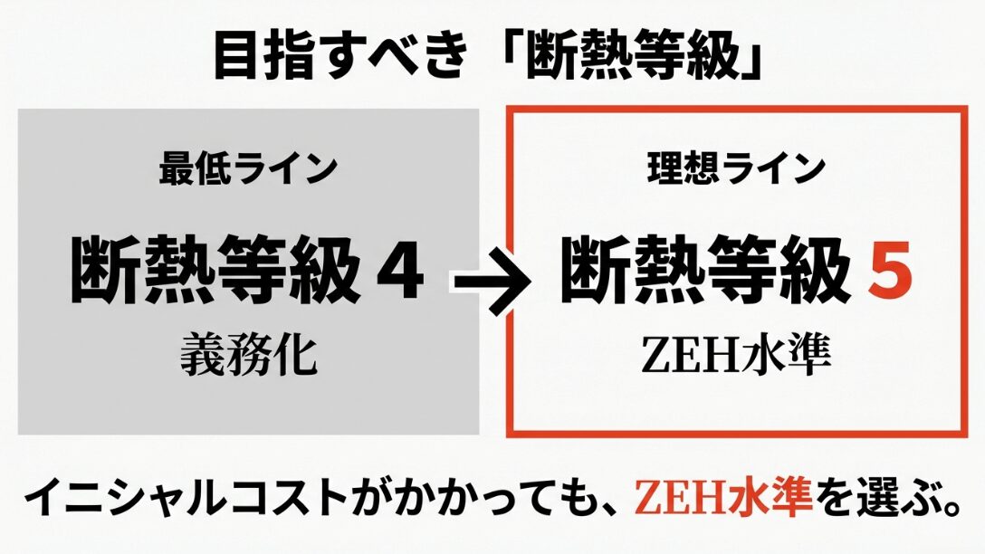 義務化される断熱等級4と、理想的なZEH水準である断熱等級5の違いをまとめた図