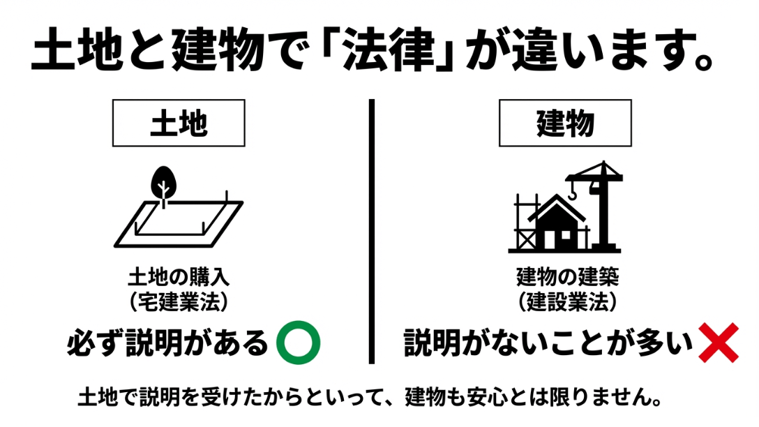 土地の購入(宅建業法)と建物の建築(建設業法)で説明義務の有無が異なることを示す図解
