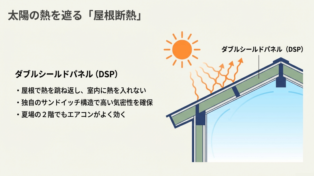 三井ホーム独自の屋根断熱パネルDSPの仕組み。屋根で熱を跳ね返し、夏場の2階の室温上昇を抑える。