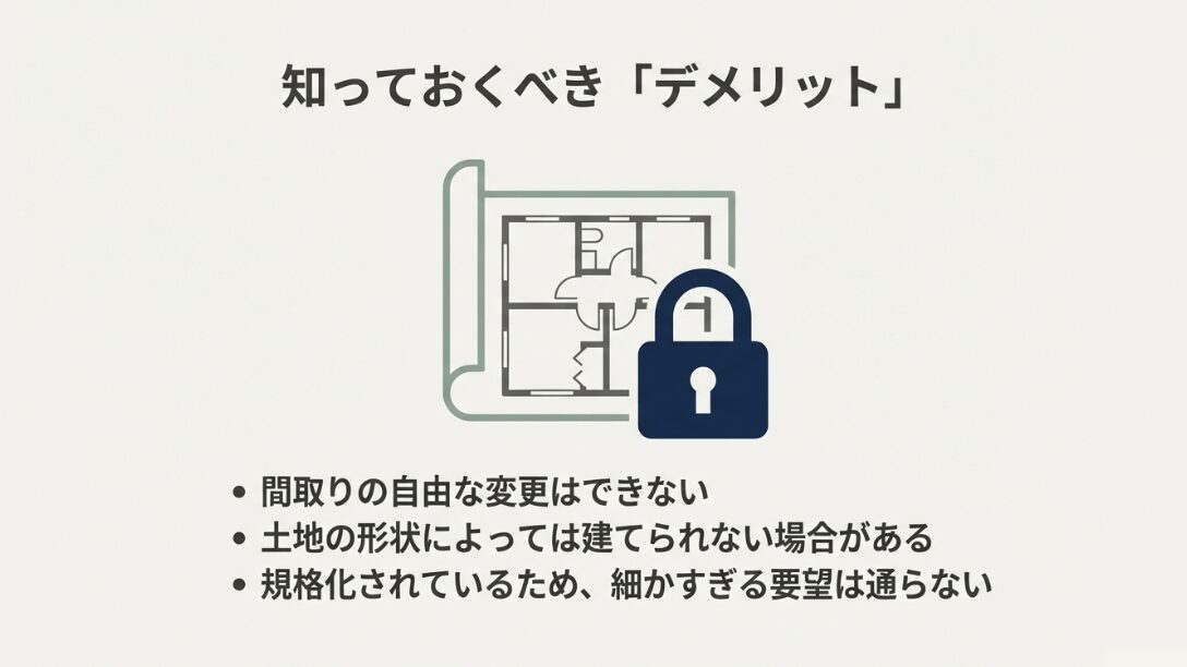 間取りの自由な変更不可や土地形状による制限など、規格住宅であるセレクトプランの注意点。