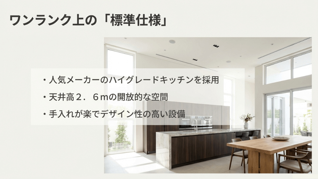 三井ホームセレクトで採用されている、天井高2.6mや人気メーカーのハイグレード設備についての説明。
