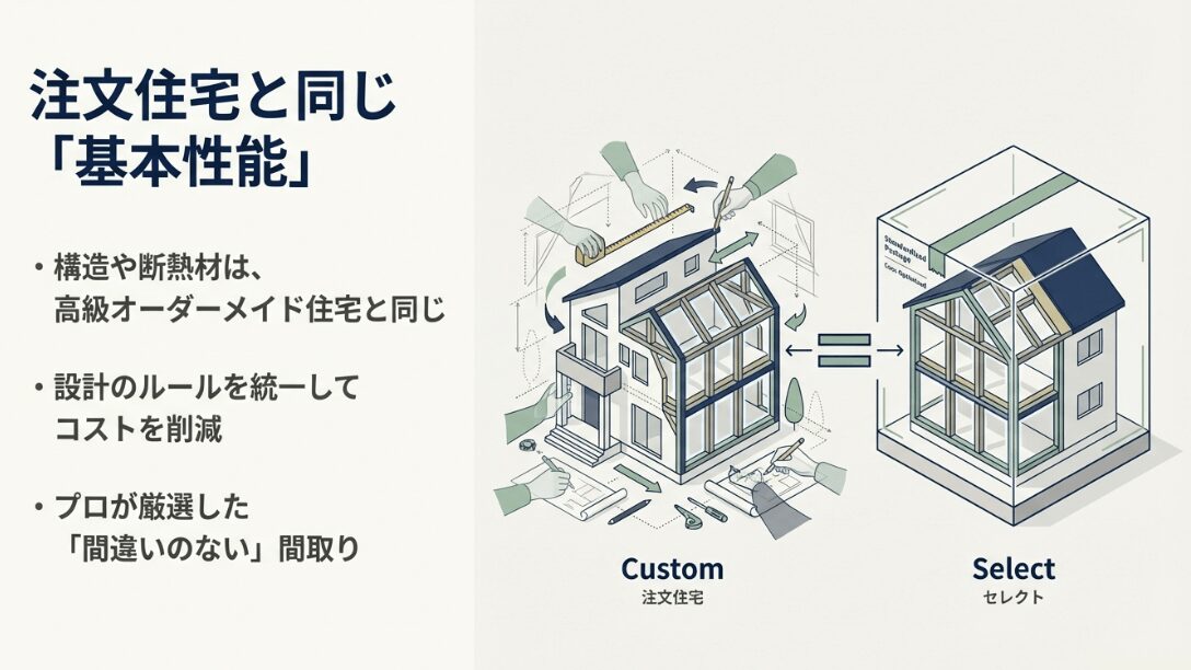 注文住宅と同じ高性能を維持しつつ、設計ルールを統一してコストを削減する三井ホームセレクトの考え方の図解。