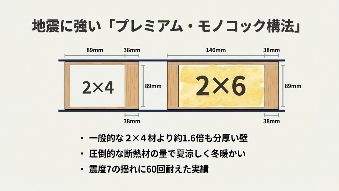 一般的な2×4材と三井ホームが採用する2×6材(140mm)の厚みを比較した図解。壁の厚さが約1.6倍であることを示している。