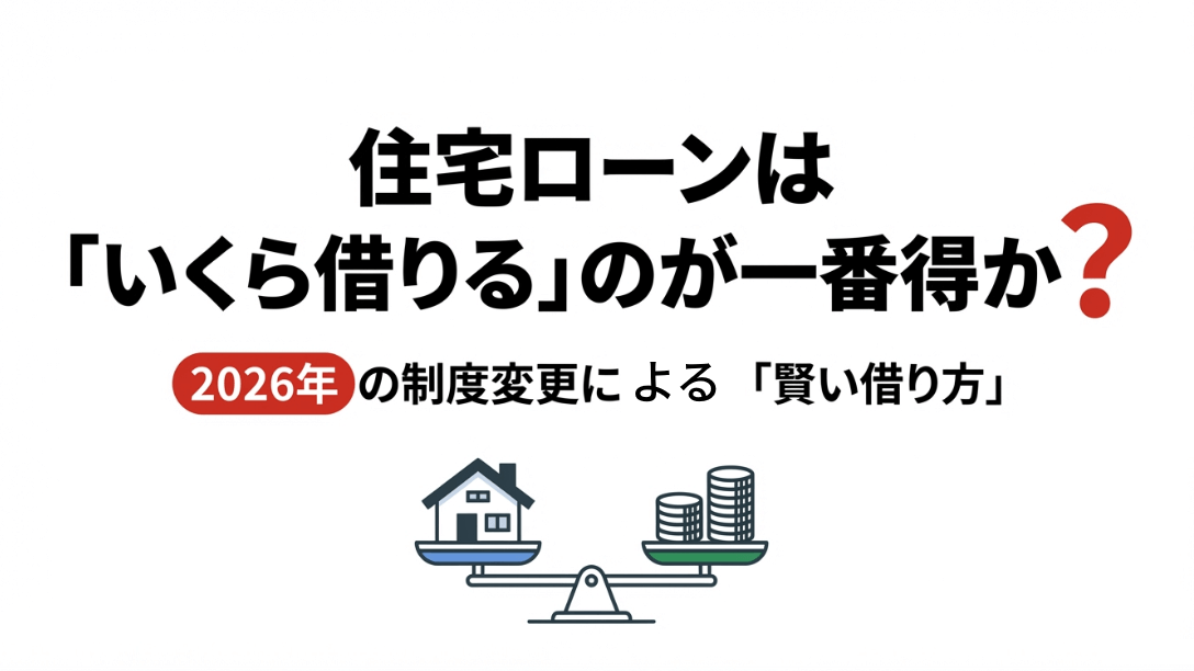 住宅と積まれたコインが天秤に乗っているイラスト。2026年の制度変更に備える住宅ローンの賢い借り方についてのタイトルスライド。