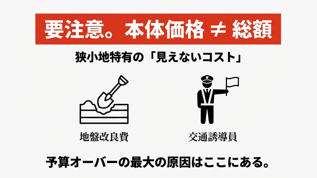 地盤改良費や交通誘導員費用など、予算オーバーの原因になりやすい諸経費の解説図