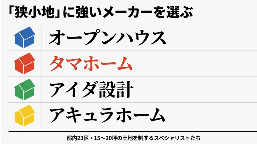 オープンハウス、タマホーム、アイダ設計、アキュラホームなど、都内23区の狭小地に強いハウスメーカーのリスト