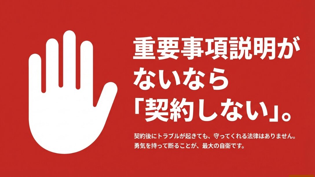 重要事項説明がない場合は契約を断ることが最大の自衛であることを伝えるスライド