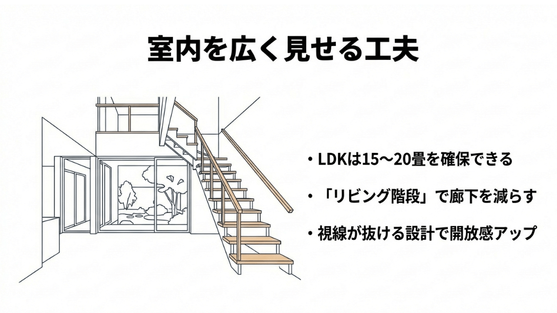 リビング階段を採用し廊下を減らした、吹き抜けと大きな窓がある開放的なリビングのパース。