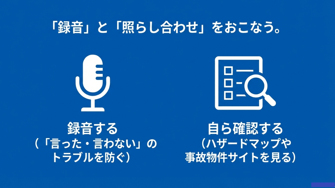 言った・言わないのトラブルを防ぐ録音と、ハザードマップ等の自主確認を推奨するスライド